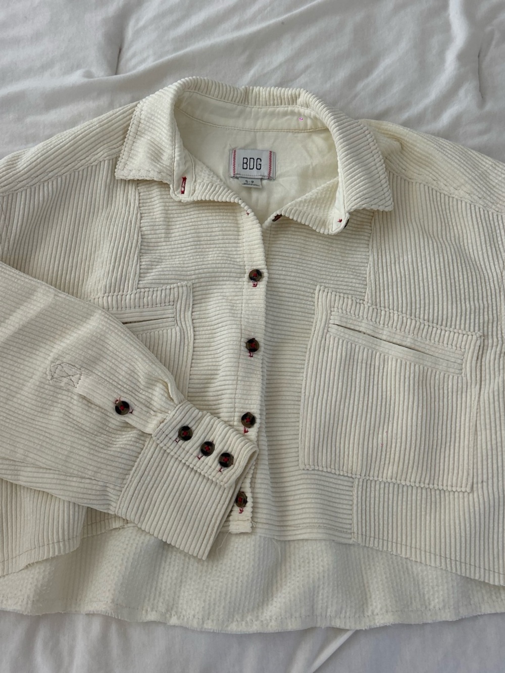 BDG Off-White Corduroy Shirt Jacket with Tortoiseshell Buttons